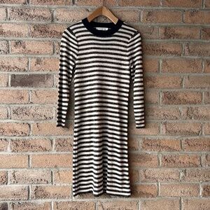 Sandro cream black & metallic striped designer body con dress